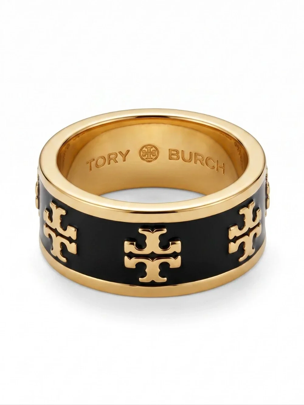 Tory Burch Kira Enamel Black and Gold Double-T Logo Wide Band Ring